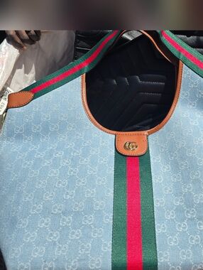 Light Wash Blue Large GIG Denim Tote with Green and Red Web Stripe